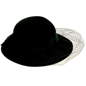 Geo. W. Bollman & Co Hat Doeskin Felt 100% Wool Black Grosgrain Veil Net Vintage